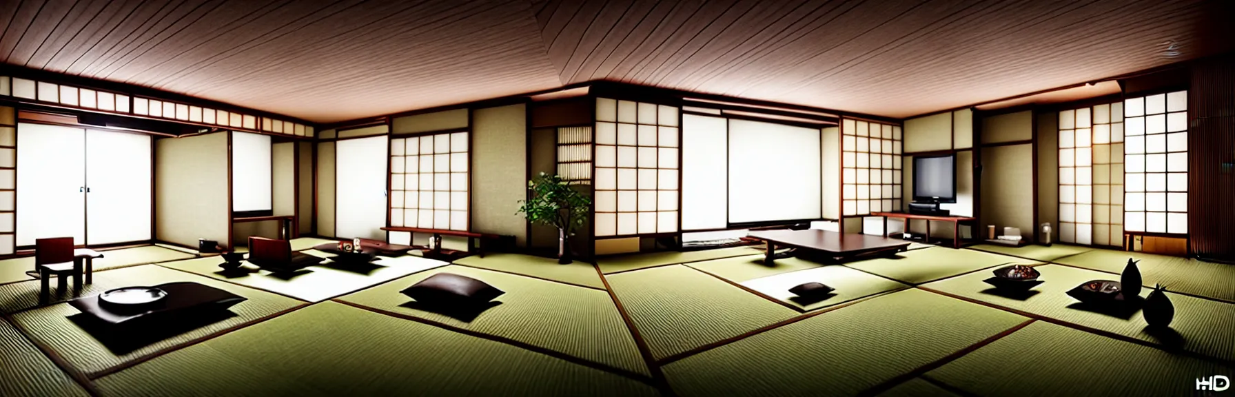 Prompt: a Japanese modern style luxurious living room, hyper realism, 3d, ray tracing, photo realism, high definition, 8k, intricate and epic concept art, highly detailed, cinematic,