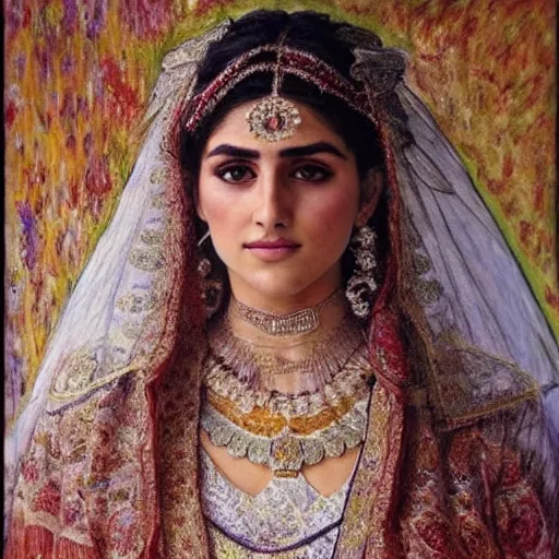 Image similar to full body portrait of a beautiful Kurdish bride wearing a beautiful wedding dress, very detailed eyes, hyperrealistic, beautiful and symmetrical face, very detailed painting by Claude Monet and Alphonse Mucha, trending on artstation, extremely high detail, incredibly intricate