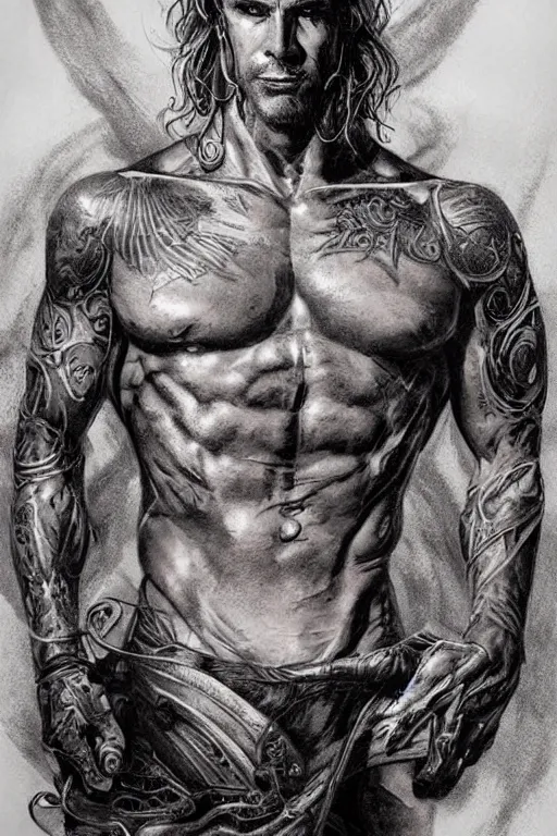 Prompt: Portrait of frontal standing pose torso of a very attractive muscular man heavily all his skin is covered by BIKER tattoos, surrounded by magic lightings overlays, Intricate, concept art, magic lighting overlays, magical portal opened, D&D!, fantasy style, sharp focus!, ultra detailed, art by Artgerm and Peter Andrew Jones, WLUP, Magali Villeneuve