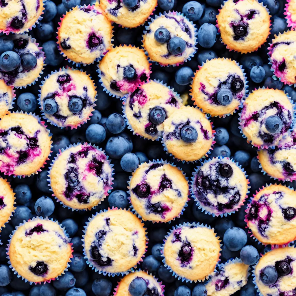 Prompt: colourful macro photo of blueberry cupcakes, photorealistic, dynamic lighting, bokeh, Canon 85mm vintage lens