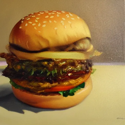 Prompt: oil painting of a burger made by greg rutkowsky, creepy, horror, dramatic light, nightmare,