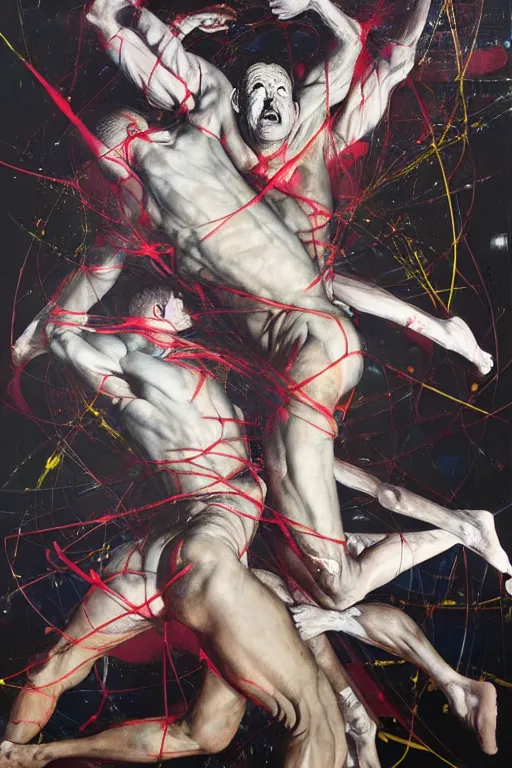 Prompt: muscular men entwined together, floating in space, zero gravity, inside a brutalist space ship, gothic, rich deep colours, painted by francis bacon, adrian ghenie, james jean and petra cortright, part by gerhard richter, part by jenny saville, part by takato yamamoto. 8 k masterpiece