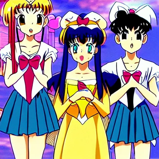 Image similar to sailor moon visiting tohru Honda and the sohma family, anime