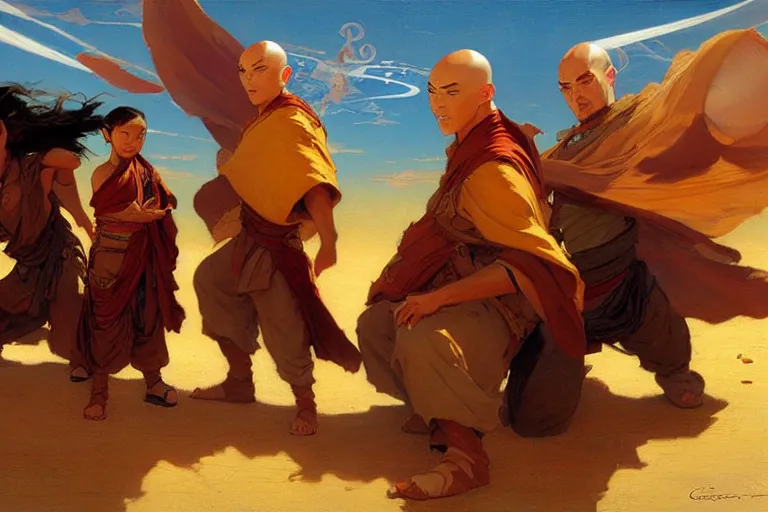 Image similar to airbending nomads from avatar the last airbender, painting by gaston bussiere, craig mullins, j. c. leyendecker