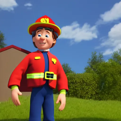 Prompt: sam from fireman sam as a real world character, octane render, volumetric light,