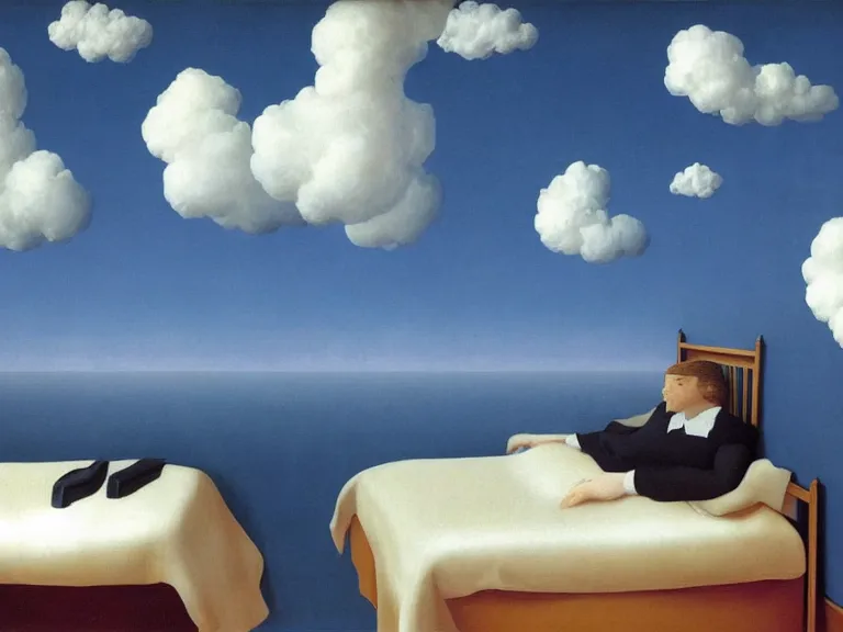 Image similar to room with clouds wallpapers on the walls, painting by rene magritte, centered, high detail, high resolution