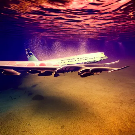 Prompt: dreamlike film photography of a 1880s art nouveau Boeing 747 made of copper at night underwater in front of colourful underwater clouds by Kim Keever. In the foreground floats a seasnake. low shutter speed, 35mm