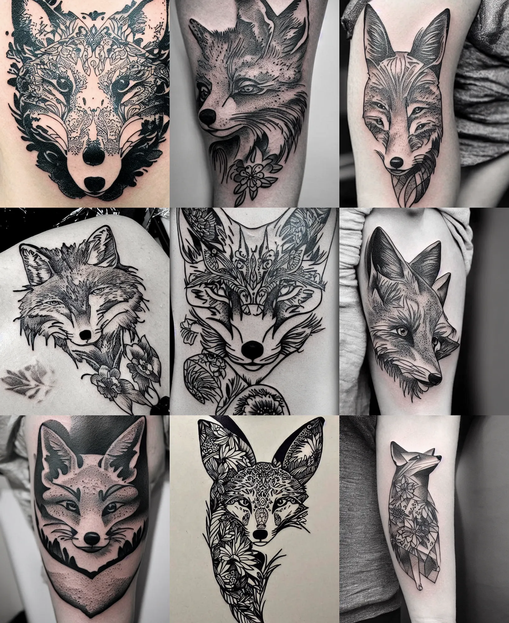 Image similar to amazing detailed tattoo stencil of a floral realistic fox