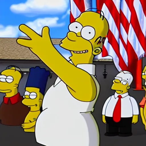 Image similar to Donald Trump with Homer Simpson body, realistic artstyle, wide shot, dramatic lighting, octane render, hyperrealistic, high quality, highly detailed, HD, beautiful, cinematic, 8k, unreal engine, facial accuracy, symmetrical