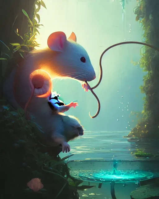 Image similar to highly detailed vfx portrait of a cute little rat casting water magic, unreal engine, greg rutkowski, loish, rhads, beeple, makoto shinkai and lois van baarle, ilya kuvshinov, rossdraws, tom bagshaw, alphonse mucha, global illumination, detailed and intricate environment