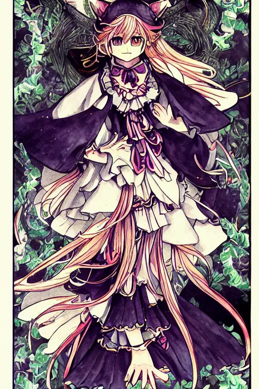 Image similar to marisa kirisame, touhou project, official artwork, intricate, amazing line work, colorful, tarot cards, the devil tarot card