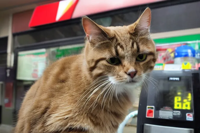 Prompt: cat smoking a cigarette in 7 - eleven