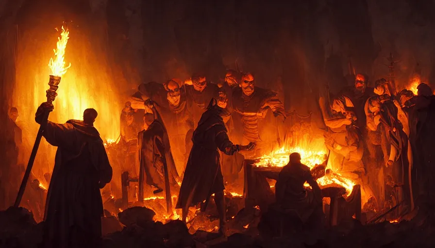 Prompt: a great inquisitor with a torch in his hands, they are having a barbecue, behind which is a village burning with fire, fine details, blood, digital art, volumetric lighting, cinematic light, photorealistic, by greg rutkowski, by marc simonetti, by giger, by caravaggio, 4 k,