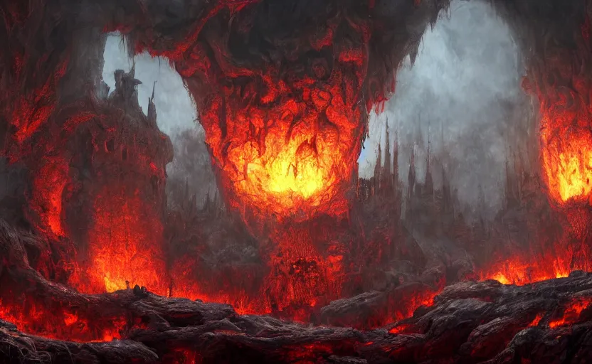 Image similar to a detailed matte painting of the the deepest most evil chambers of hell, in the style of doom eternal, dantes inferno, dark souls, trending on artstation, highly detailed, digital painting, concept art, unreal engine, 4 k wallpaper