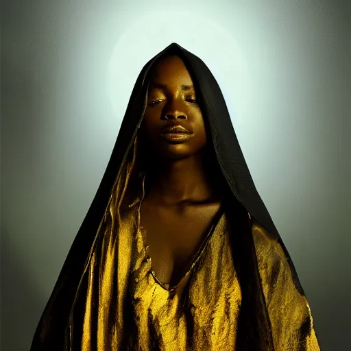 Image similar to a portrait of a young black woman wearing a long dark cloak, hood and shadows covering face, holding golden chains, oil painting, matte painting, black background, Volumetric Golden dappled dynamic lighting, Highly Detailed, Cinematic Lighting, Unreal Engine, 8k, HD, by Beksinski