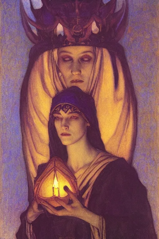 Prompt: queen of the fog with her lantern by Annie Swynnerton and Nicholas Roerich and jean delville, strong dramatic cinematic lighting , ornate headdress , flowing robes, lost civilizations, smooth, sharp focus, extremely detailed