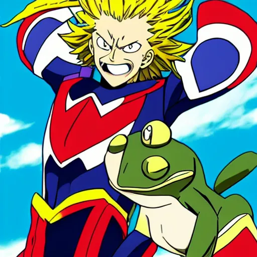 Image similar to all might from my hero academia anime holding a frog