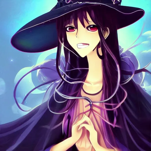 Image similar to a beautiful anime illustration of a witch with large wizard hat, featured on artstation, deviantart, conceptartworld, cgartist, vivid colors, airy theme