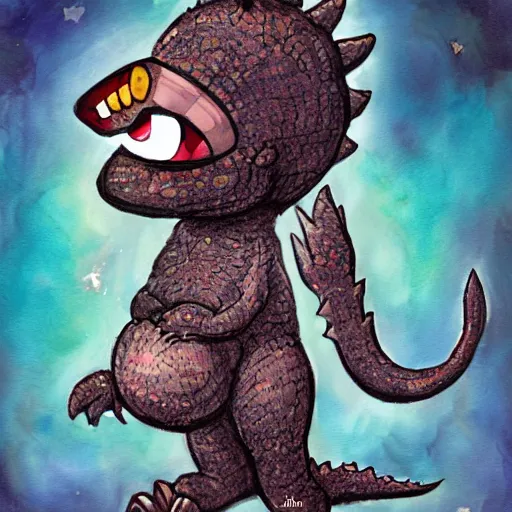 Image similar to Dark skinned girl pets Chibi Godzilla, painting