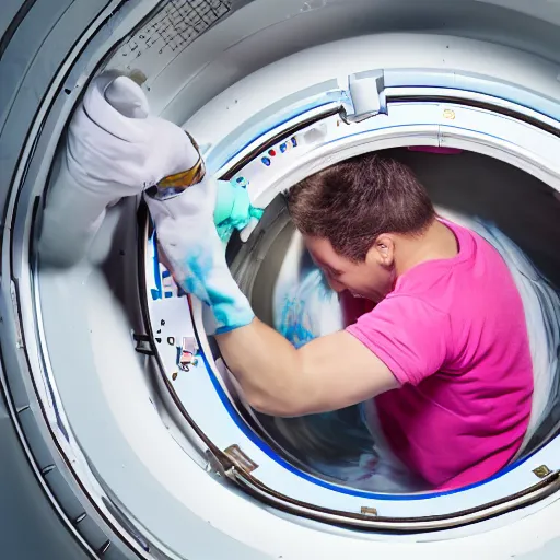 Prompt: Photograph of an astronaut stuck in a giant washing machine that is washing pink clothes. 8k resolution.
