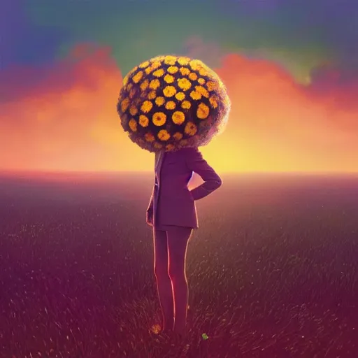 Image similar to giant daisy flower head, frontal, a girl in a suit, surreal photography, sunrise, dramatic light, impressionist painting, digital painting, artstation, simon stalenhag