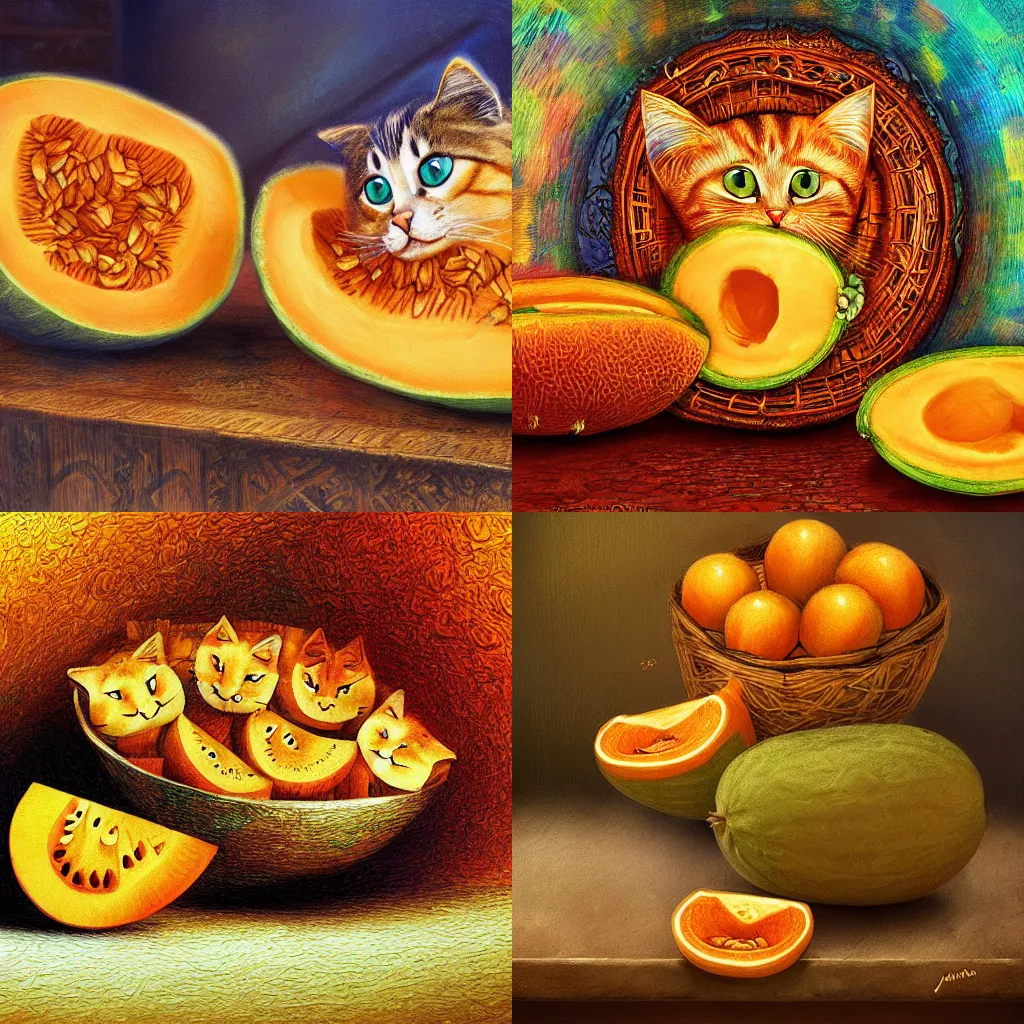 Prompt: cats in a cantaloupe by petros afshar and josephine wall, still life, artstation, textured, hdr