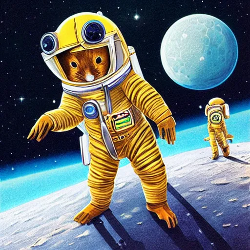 Image similar to hamster, wearing an cosmonaut helmet, russian cosmonaut, on the moon, art by artgerm and david a hardy