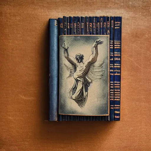 Prompt: a medium shot of a book sitting on a crowed desk, the book is closed, the cover is illustrated with a picture of icarus, beside the book is an ancient scroll, dark, single light, vignette, magic, fantasy, 4 k