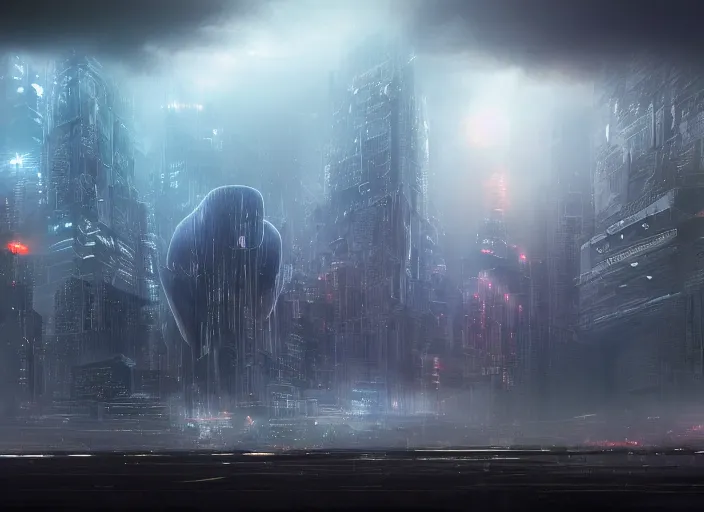 Image similar to large android like creature appearing through the fog which half covers a futuristic city. explosions, ultra wide angle, panoramic, colourful painting, detailed art by stephen martiniere, 8 k resolution