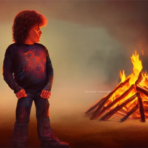 Image similar to 80's heavy metal kid standing in a fire ring, illustration, artgerm, octane render, inspired by Greg rutkowski, colorful, studio lighting, full body,