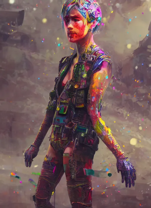 Prompt: detailed full body concept art illustration colorful oil painting of a dystopian female in full intricate clothing, ultra detailed, digital art, octane render, 4K, dystopian, micro details, hyper realistic