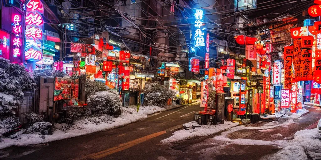 Image similar to a Japanese cyberpunk shrine, snowing, photograph,sharp focus, intricate detail, high resolution, 8k, neon streetlights, wires hanging down everywhere, Japan, colourful,,