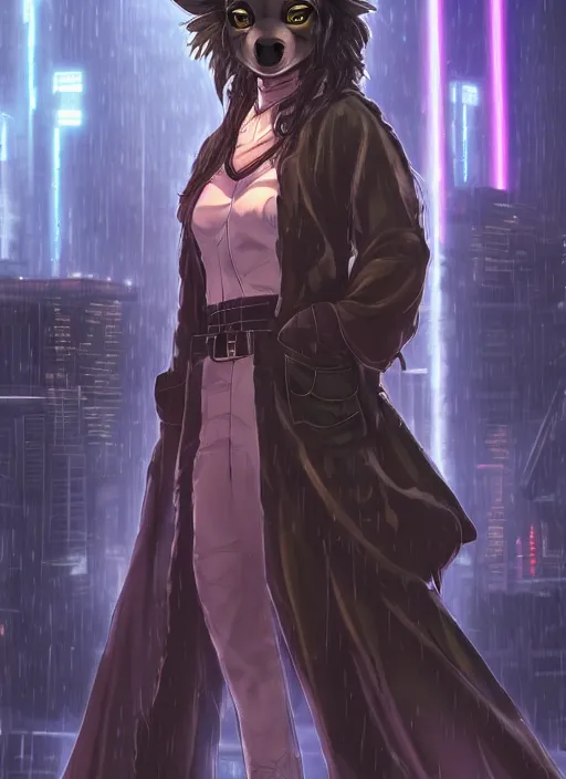 Image similar to character portrait of a cute beautiful attractive female anthro hyena fursona with long black curly hair wearing jedi robes in a cyberpunk city at night while it rains. hidari, color page, tankoban, 4K, tone mapping, Akihiko Yoshida.