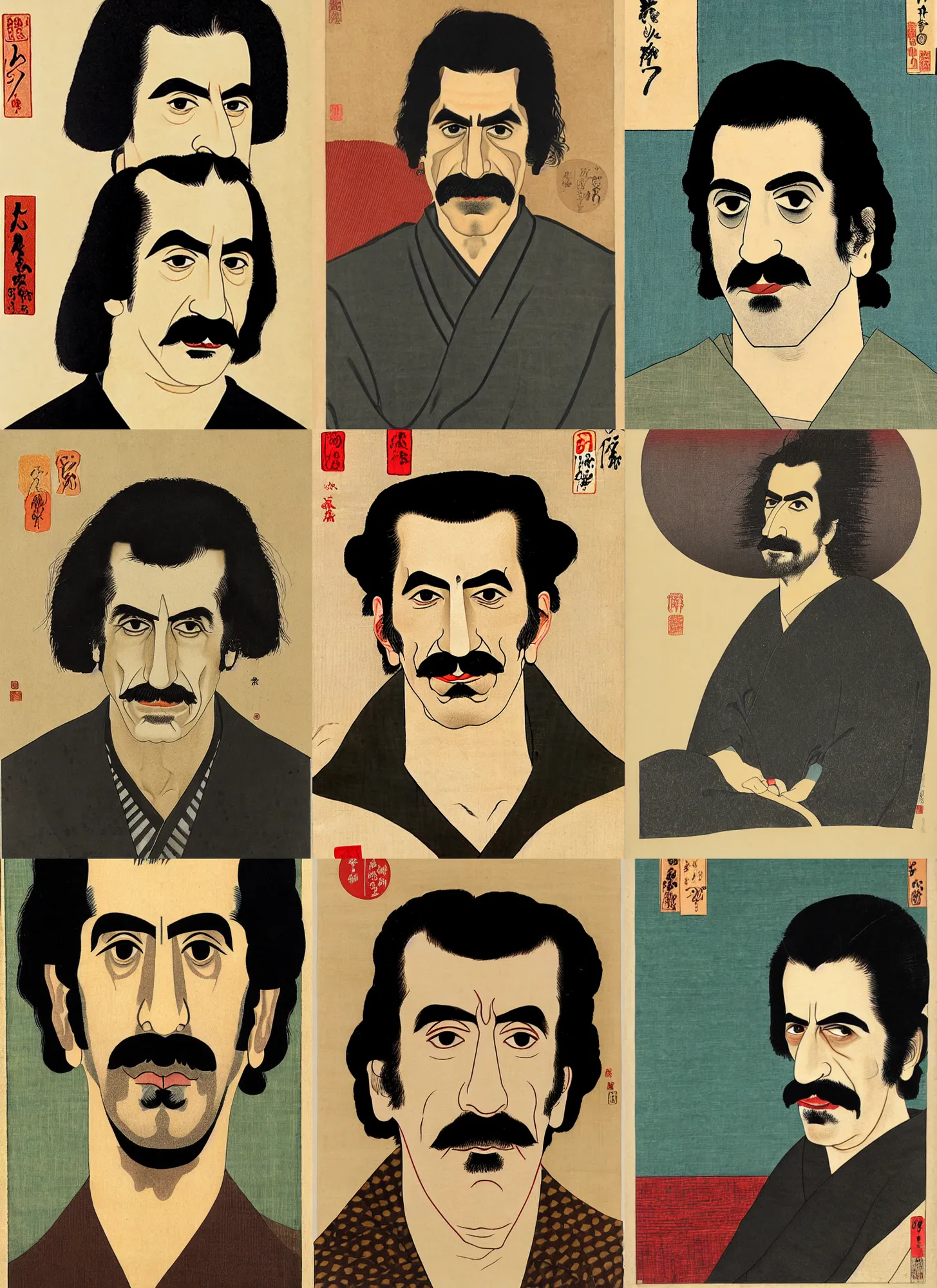 Prompt: a portrait of frank zappa. shin - hanga and utamaro.