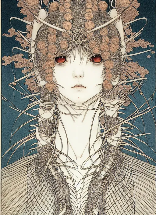 Image similar to prompt: Fragile looking vessel portrait soft light drawn by Takato Yamamoto, inspired by Fables, ancient dragon knight armor decoration, magical and alchemical objects on the side, soft light, white background, intricate detail, intricate oil painting detail, sharp high detail, manga and anime 2000