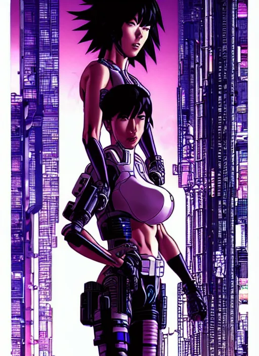 Image similar to motoko kusanagi in grungy cyberpunk megacity, intricate and finely detailed, cyberpunk vaporwave, portrait by j scott campbell, phil jimenez, ilya kuvshinov