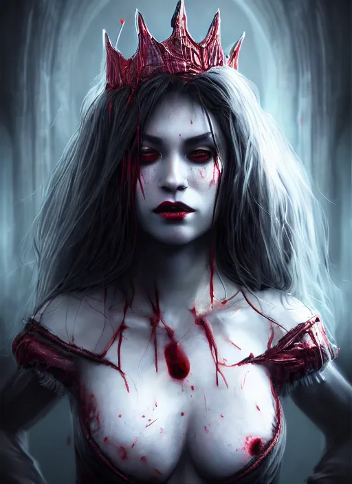 Prompt: beautiful full body portrait vampire queen blood highly detailed CGsociety subtle concept art HDR hyper realistic volumetric lighting subsurface scattering unreal