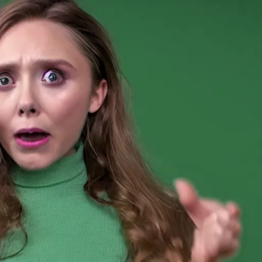Prompt: Elizabeth olsen angry and pointing , green screen background, cinematic shot