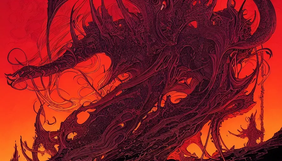 Prompt: flame of chaos from elden ring by moebius and kilian eng, atmospheric, fine details, vivid, neon, masterpiece