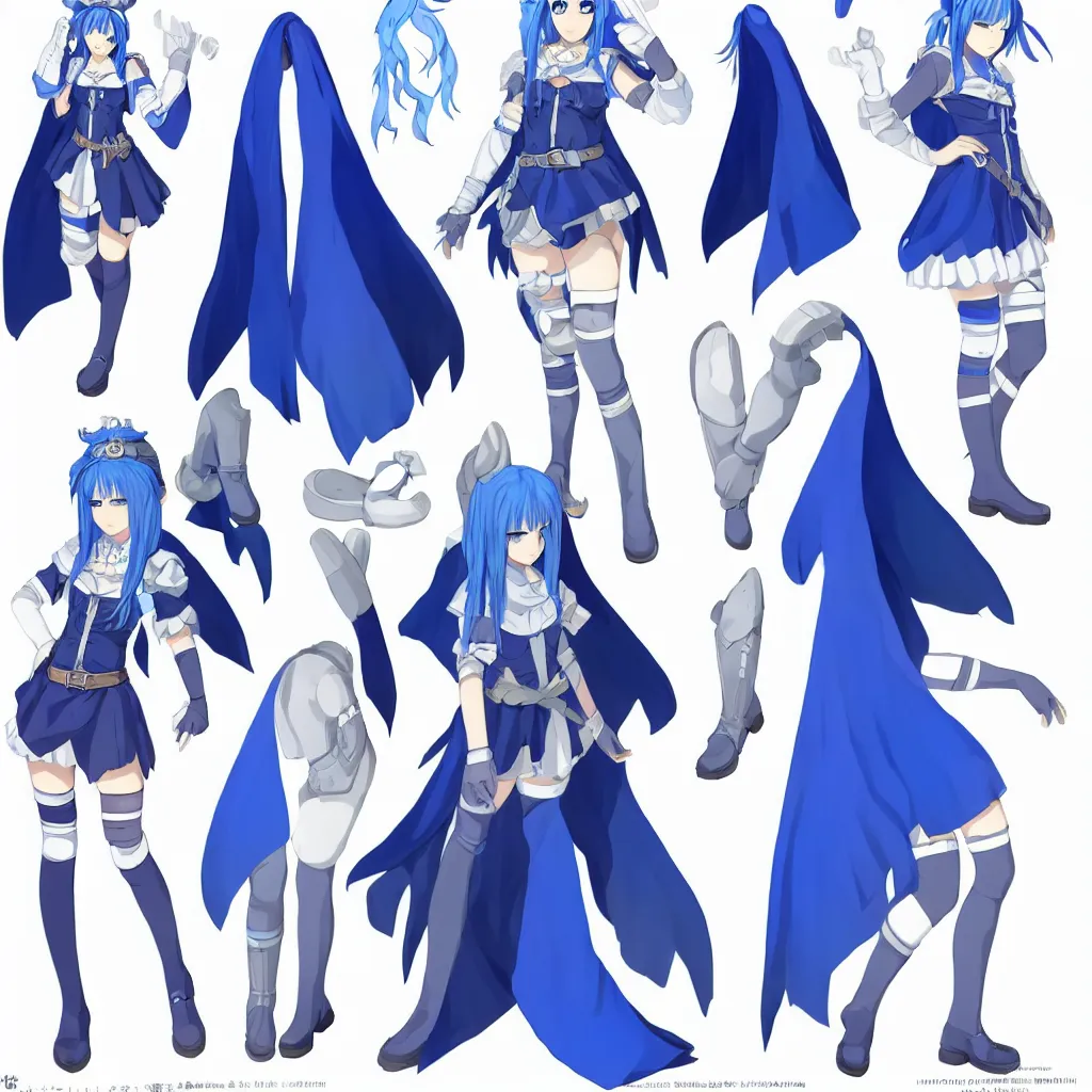 Prompt: a blue-haired alchemist girl, wearing a headband, short pale tunic and white stockings, high boots, azure cape, anime model sheet; in the Japanese fantasy videogame; character concepts; trending on artstation, highly detailed, clean lineart