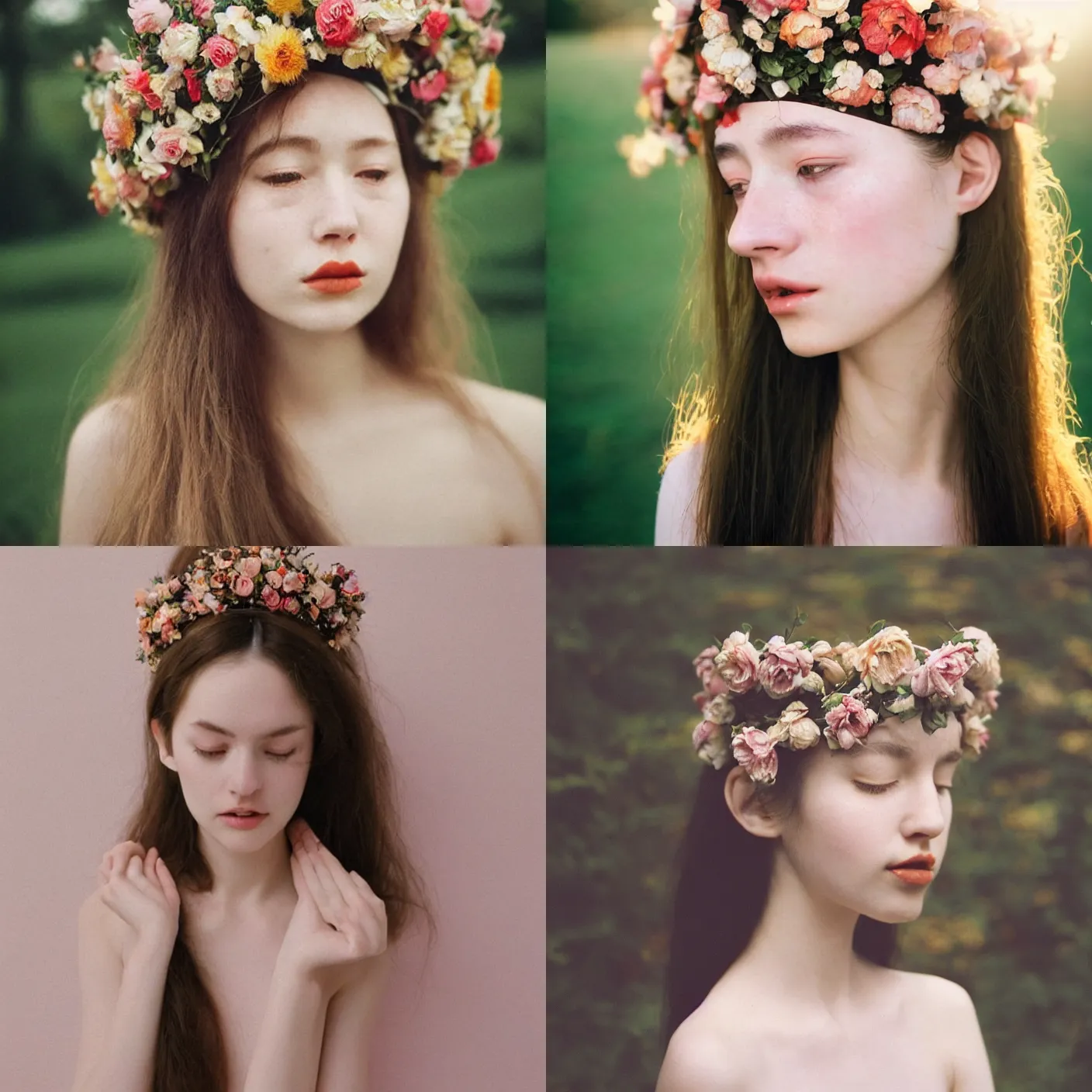 Prompt: An analog head and shoulder frontal face photography of woman wearing a big!!!!!!! oversize!!!! floral headpiece crown by Oleg Oprisco. Vogue. Long hair. closed eyes. Kodak Portra 800 film. Depth of field. whirl bokeh. Sunshine. detailed. hq. realistic. warm light. muted colors. Moody. Filmic. Dreamy. lens flare. Leica M9, f/1.2, symmetrical balance, in-frame