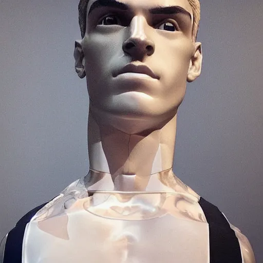 Image similar to “ a realistic detailed photo of a guy who is an attractive humanoid who is half robot and half humanoid, who is a male android, soccer player antoine griezmann, shiny skin, posing like a statue, blank stare, at the museum, on display ”