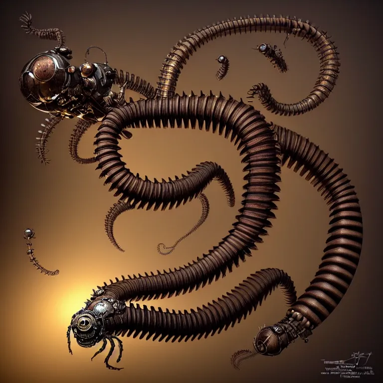 Image similar to 3 d model steampunk robot millipede, unreal engine realistic render, 8 k, micro detail, intricate, elegant, highly detailed, centered, digital painting, artstation, smooth, sharp focus, illustration, artgerm, tomasz alen kopera, peter mohrbacher, donato giancola, joseph christian leyendecker, wlop, boris vallejo