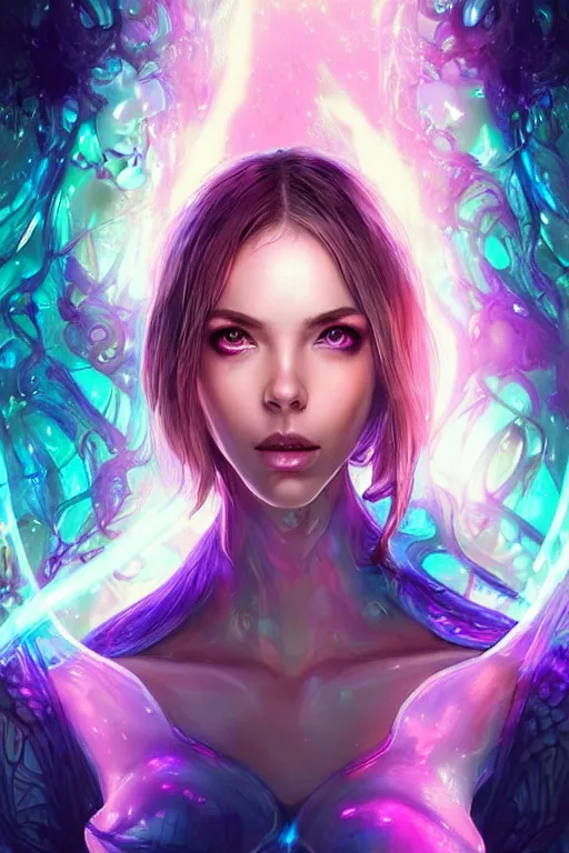 Image similar to a photographic portrait of an attractive young girl, partially clothed in ethereal armor, surrounded by colorful transparent plasma, emitting psychic powers, beautiful bone structure, perfectly proportioned face, perfect eyes, intricate, elegant, highly detailed, hyper detailed, trending on tumblr, by artgerm, by loish, fantasy scene, fantasy aesthetic, from Valerian and the City of a Thousand Planets, trending on Artstation