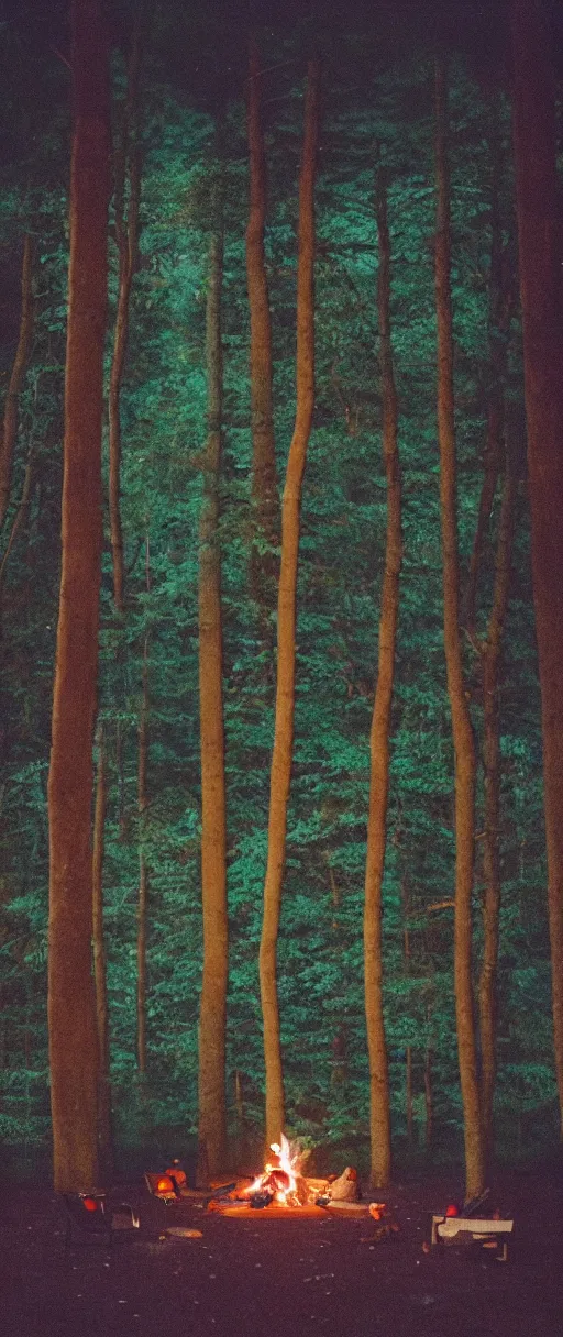 Prompt: Symmetric Wes Anderson film still late at night in forest with campfire. Establishing shot. Architecture. 8k resolution. Pastel. Sharp. Whimsical. Symmetry. Stunning. Poloroid. Film grain. Vintage.