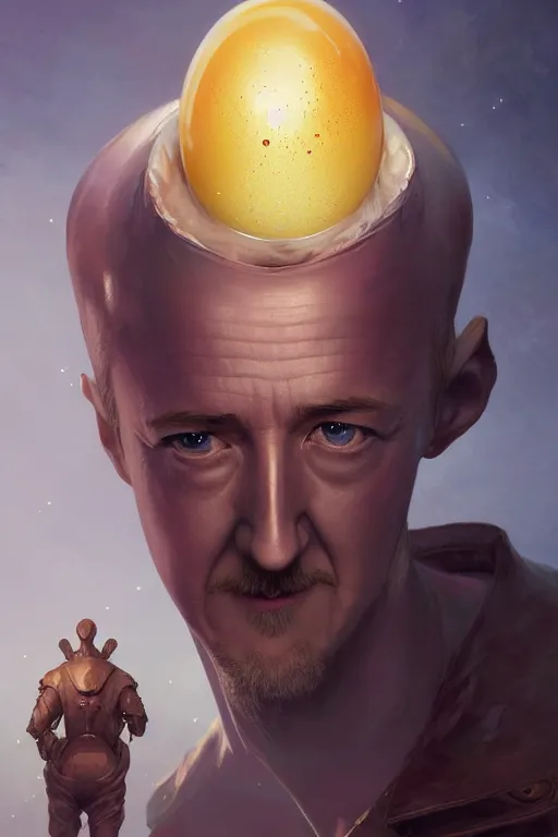 Image similar to edward norton face is a frying egg, yolk face, big frying pan, hyper detailed, digital art, artstation, cinematic lighting, studio quality, smooth render, by peter mohrbacher, hajime sorayama, wayne barlowe, boris vallejo, aaron horkey, gaston bussiere, craig mullins