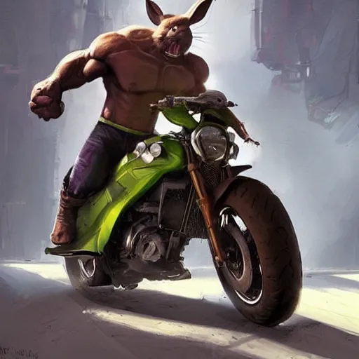 Prompt: A rabbit with the body of the Hulk and with a motorcycle by his side, Greg rutkowski, trend in artstation, cinematographic