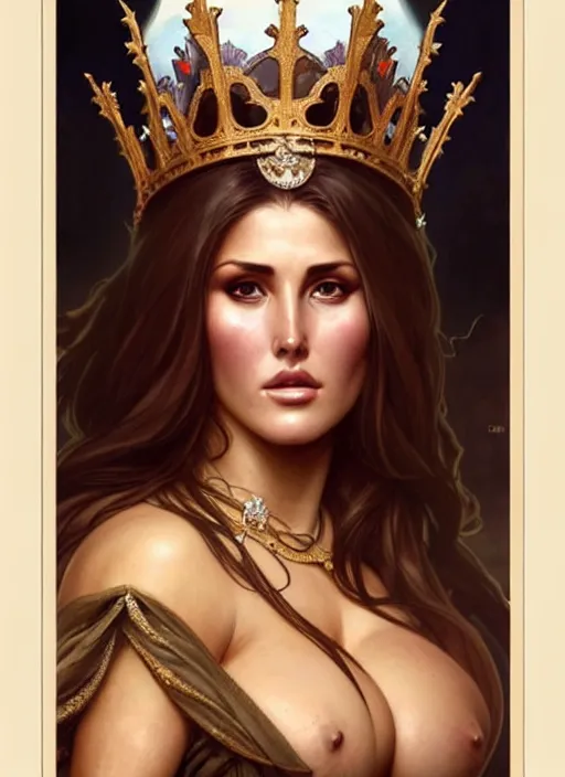 Image similar to lucy pinder as queen, incredibly detailed face, light half opened dress, true anatomy, symmetry, true anatomy, art by artgerm and greg rutkowski and alphonse mucha