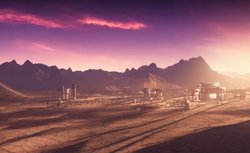 Image similar to a beautiful photo of a sci - fi scientific industrial facility localized in a desert, mountains in the background, patches of yellowish - red - magenta sky, sunset lighting, detailed, hazy, volumetric lighting, god rays, 8 k, cinematic