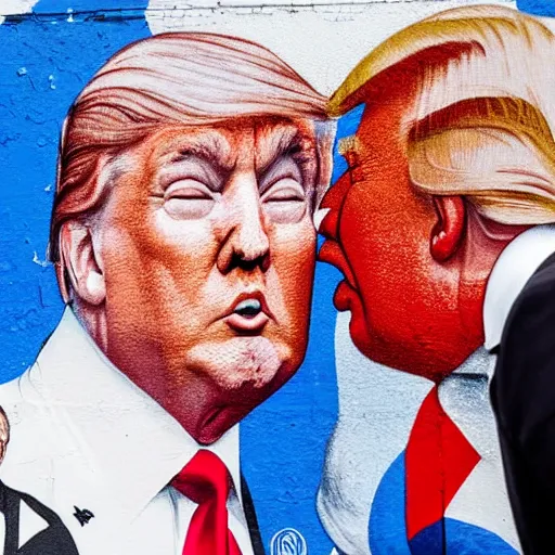 Image similar to trump and putin kissing in a mural in moscow